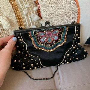 Black Clutch with Multicolor faux stones and gold beads